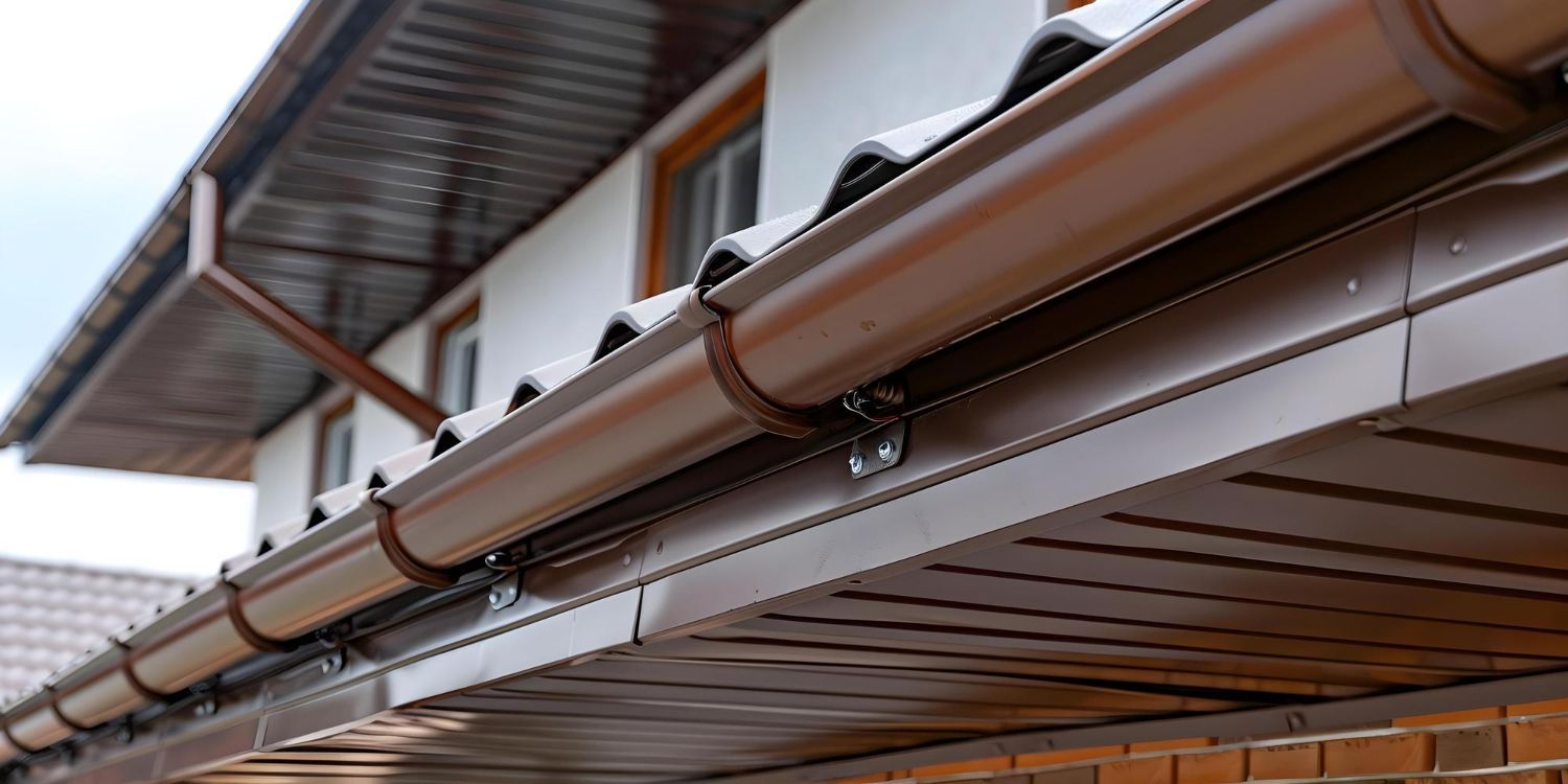 A close up of a brown gutter on the side of a house.