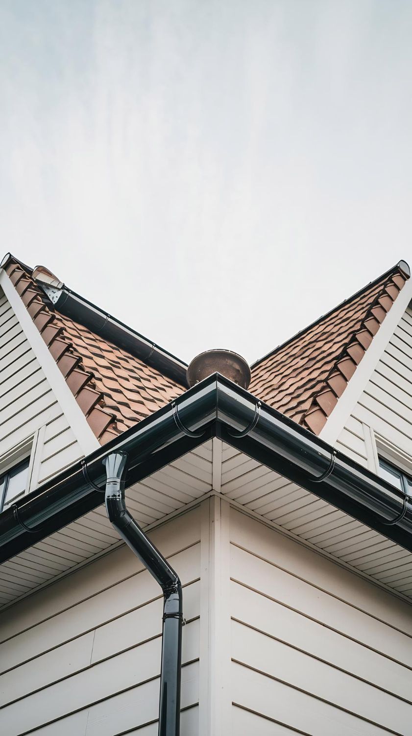The roof of a house with a gutter and a chimney on it.