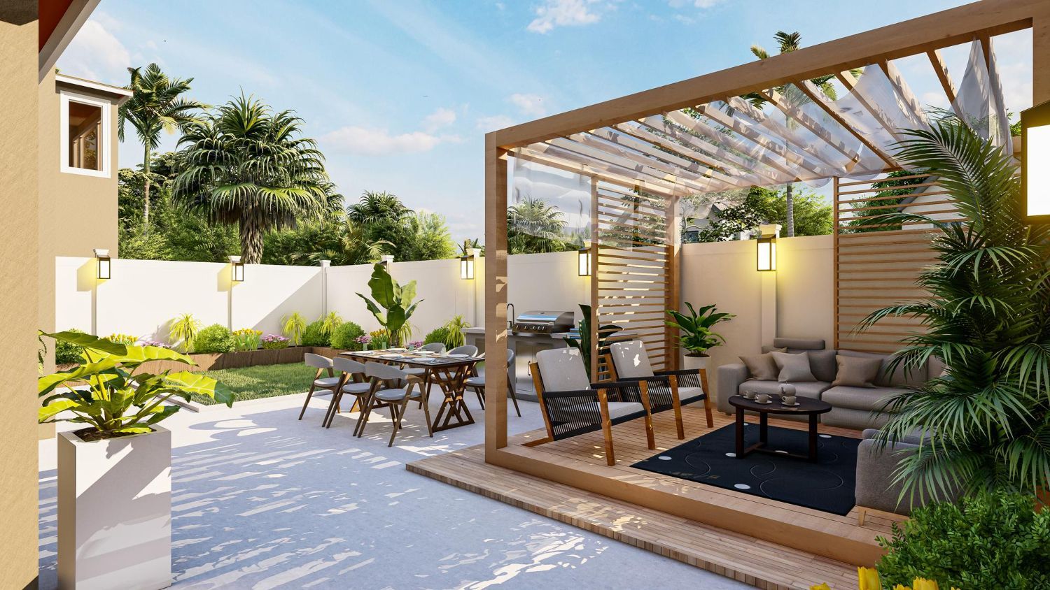 Outdoor patio with seating and dining areas under a pergola, sunny day.